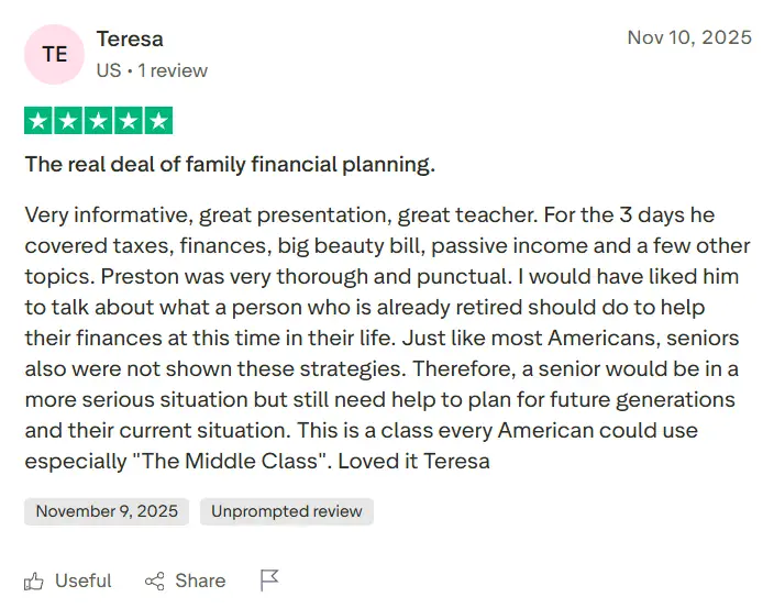 Trustpilot review from Teresa: "The real deal of family financial planning"