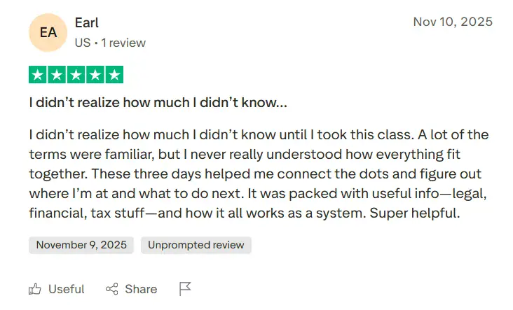 Trustpilot review from Earl: "These three days helped me connect the dots"