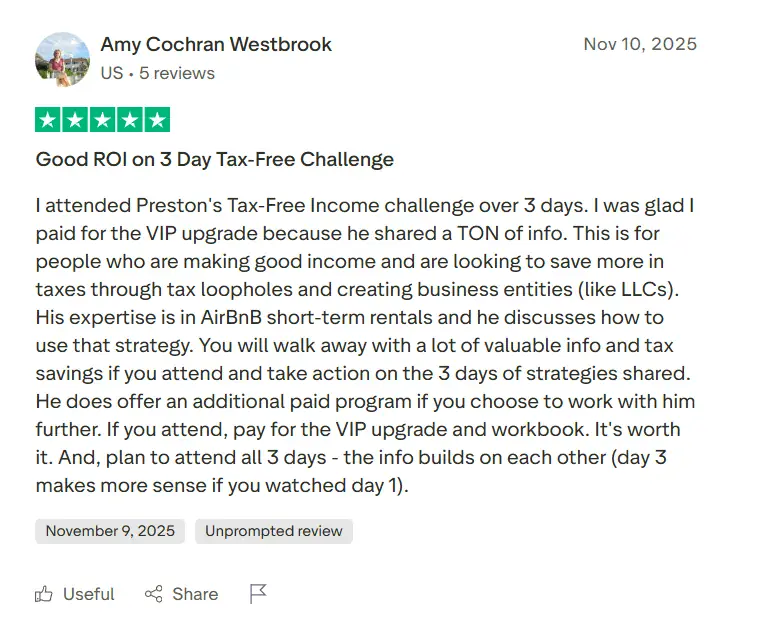 Trustpilot review from Amy: "Good ROI on 3 Day Tax-Free Challenge"