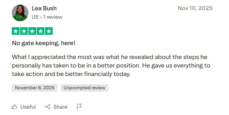 Trustpilot review from Lea: "No gate keeping, here!"